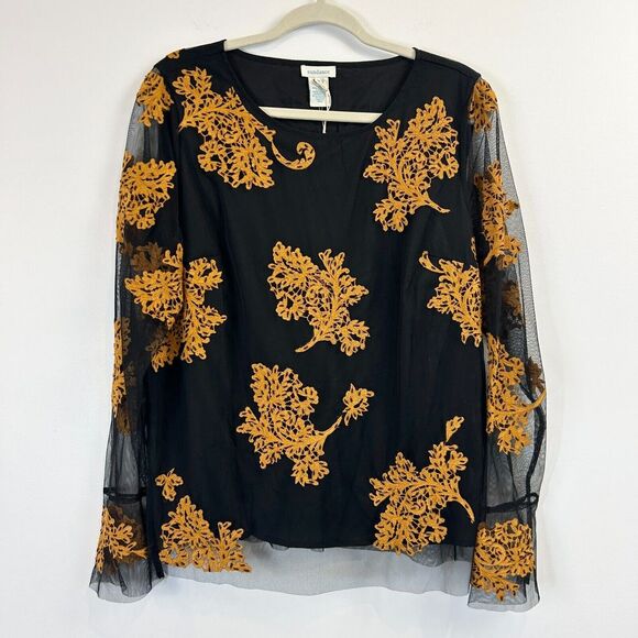 Sundance Top Womens M Black Gold Flora Embroidered Mesh Beaded Boho Fairy‎ Chic - Picture 1 of 11